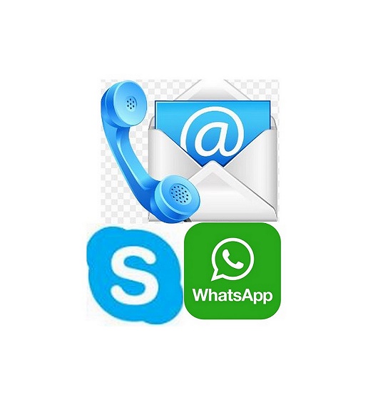 Ilustración con los íconos de teléfono, mail, Skype y Whastapp